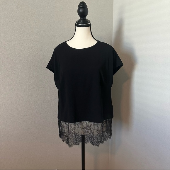 MICHAEL KORS Black Lace Hem Cap Sleeve Crew Neck Wear To Work Top Size MP‎ - Picture 2 of 5